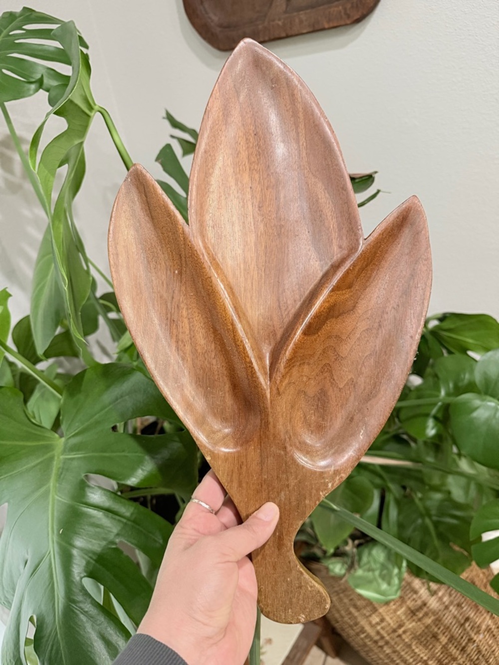 Vintage Mid Century Wood Leaf Serving Tray Divided Dish Teak Style